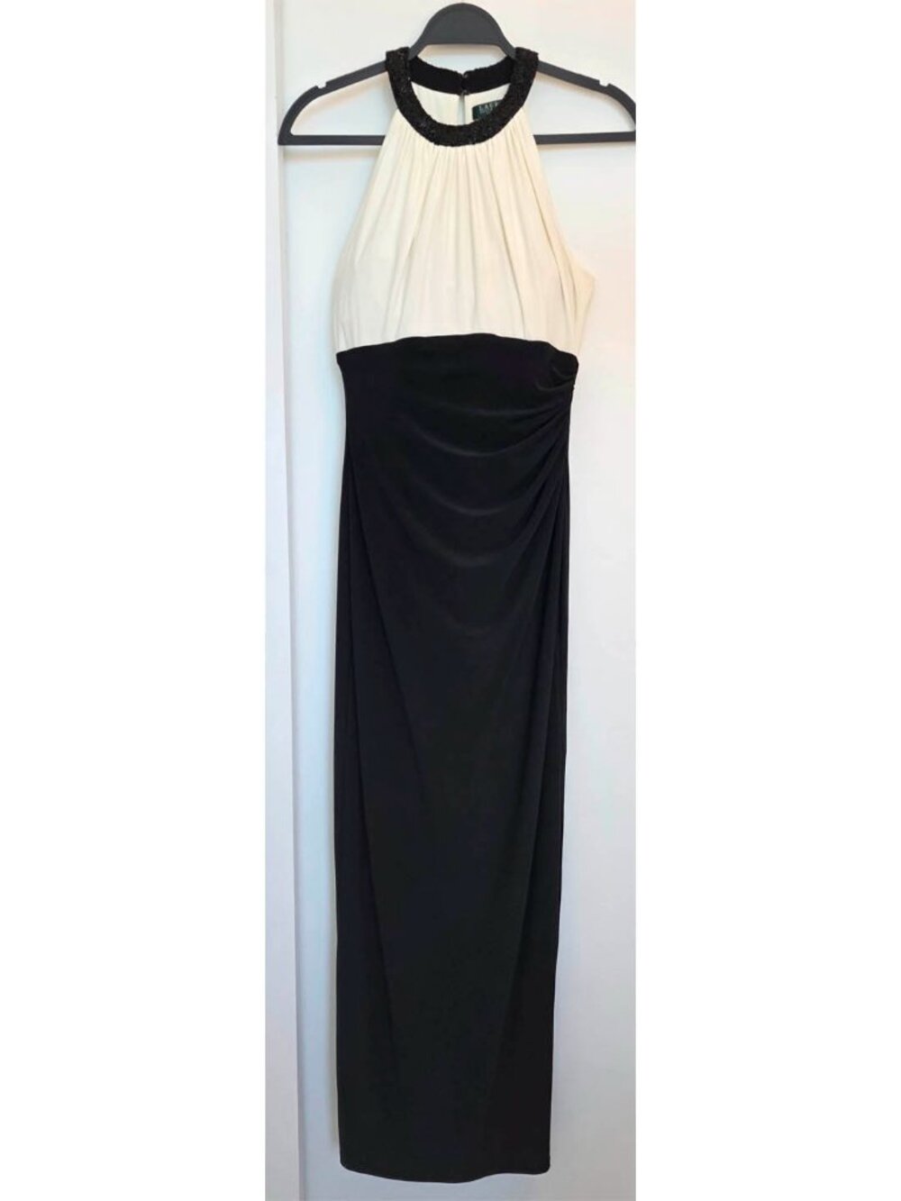 Ralph Lauren Stretch Knit Evening Dress, Side Split and Neckline Beading Size 6